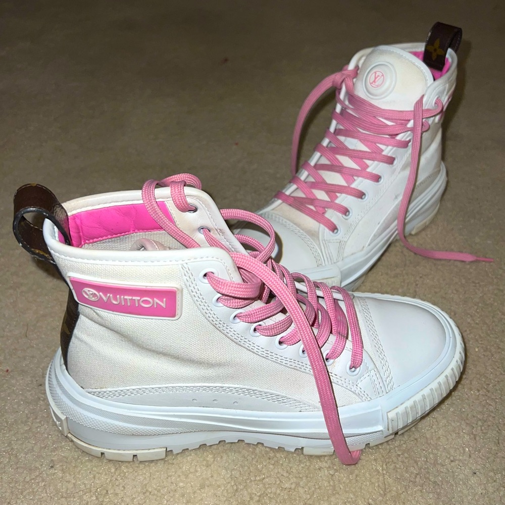 Pink and White Louis Vuitton Lv Squad Sneaker Boot